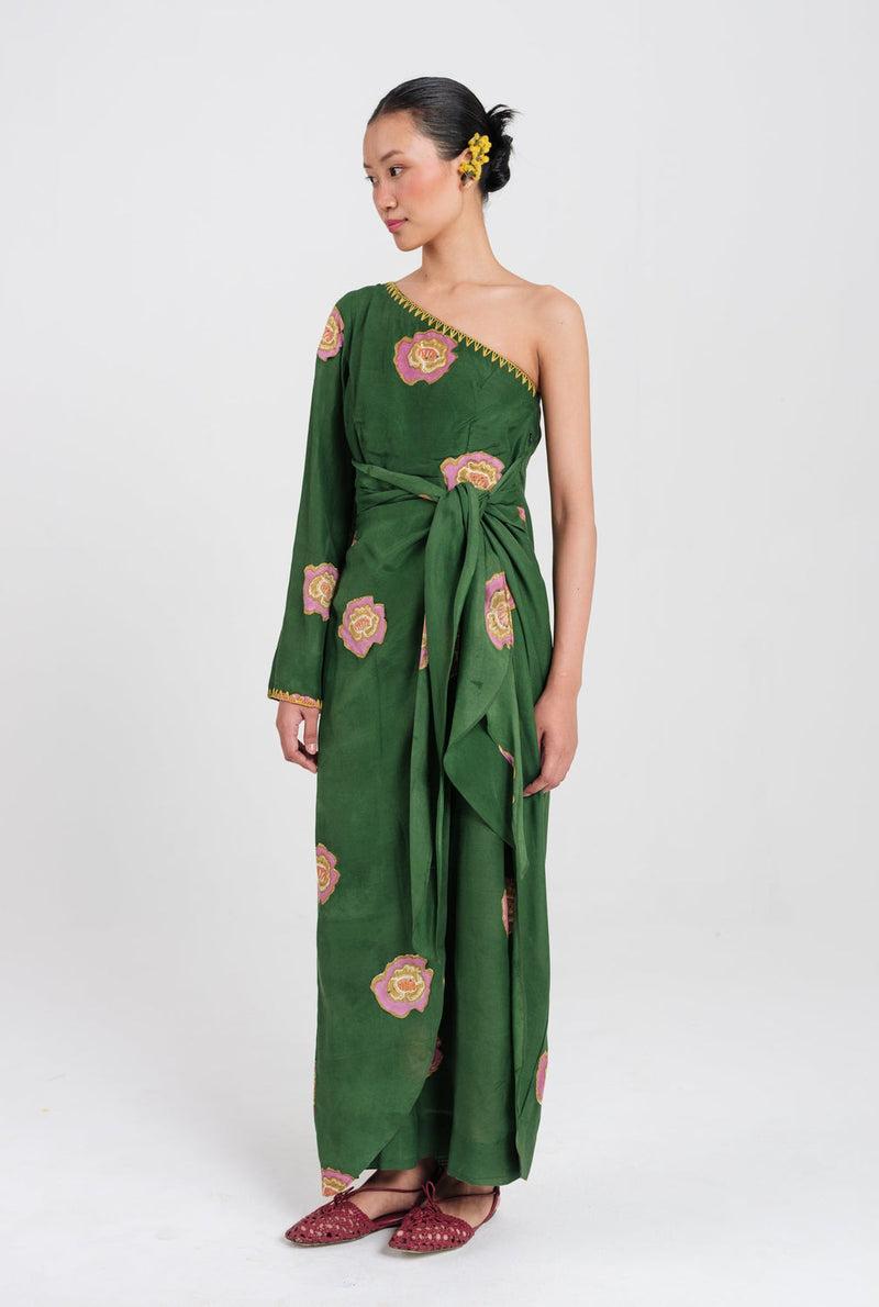 Flow One Shoulder Dress muslin silk dress by JodiLife in green for women in Singapore