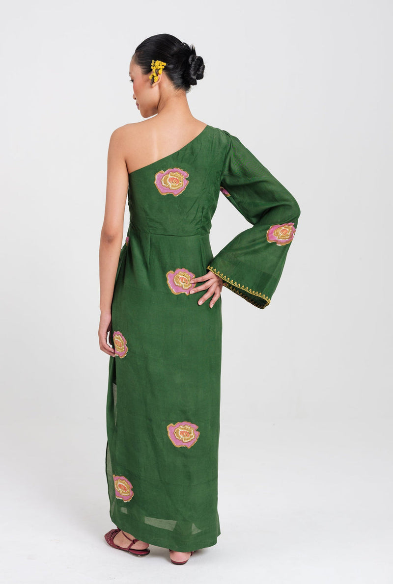 Flow One Shoulder Dress muslin silk dress by JodiLife in green for women in Singapore