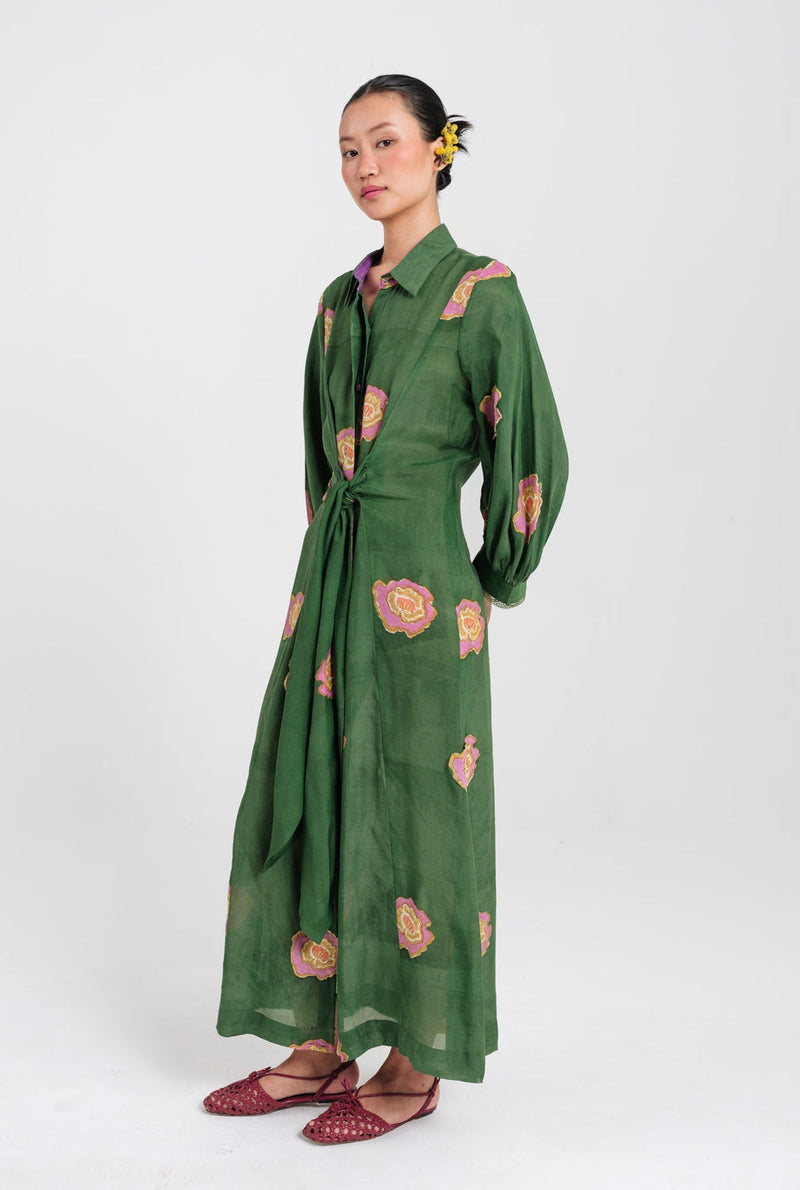 Flow Tie-Up Dress muslin silk dress by JodiLife in green for women in Singapore