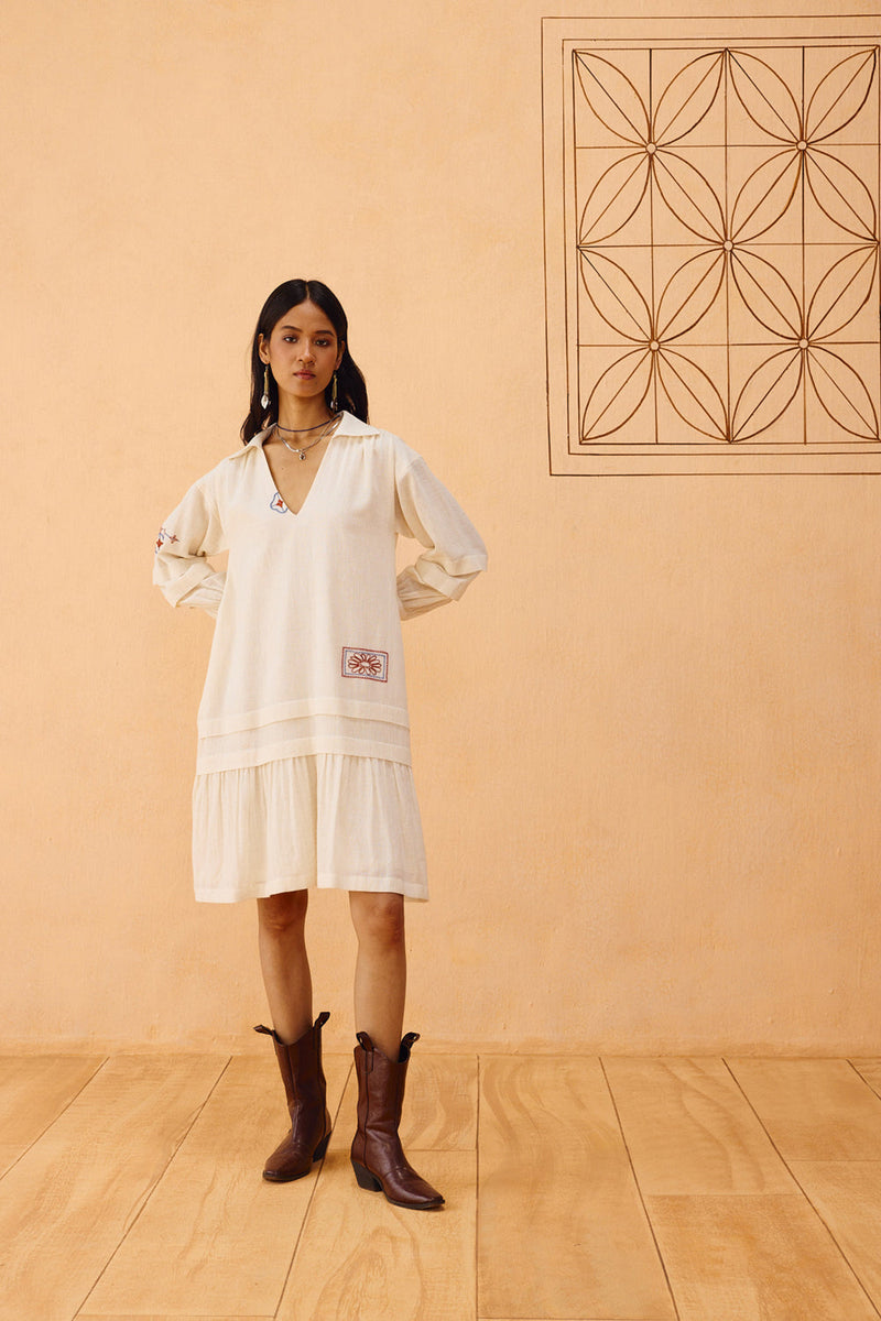 Flower Frame Handspun Handwoven Organic Cotton Dress organic cotton dress by SUI in off-white for women in Singapore