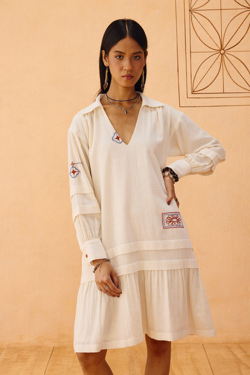 Flower Frame Handspun Handwoven Organic Cotton Dress organic cotton dress by SUI in off-white for women in Singapore
