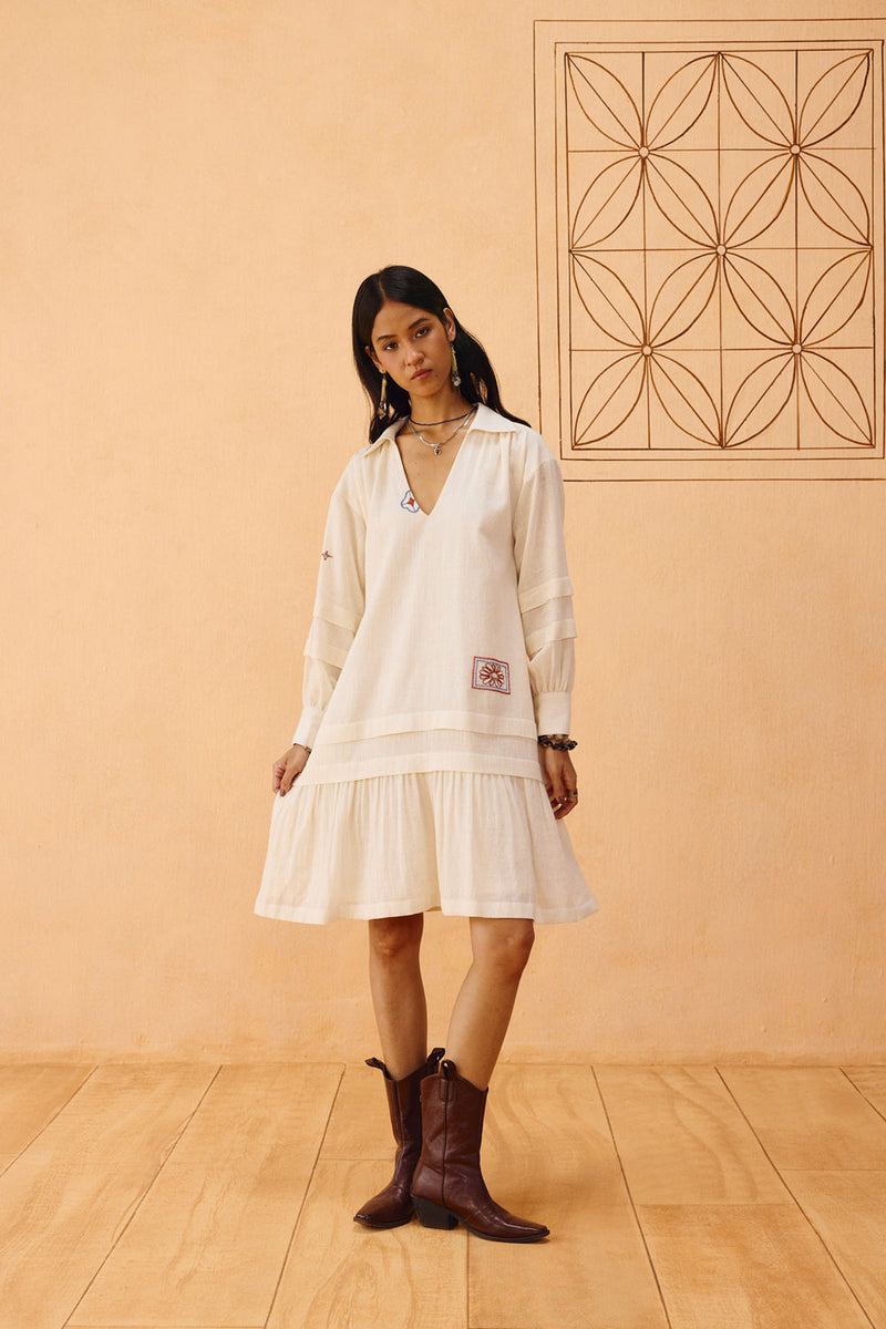 Flower Frame Handspun Handwoven Organic Cotton Dress organic cotton dress by SUI in off-white for women in Singapore