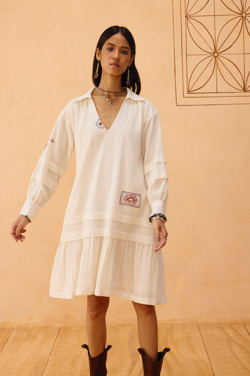 Flower Frame Handspun Handwoven Organic Cotton Dress organic cotton dress by SUI in off-white for women in Singapore