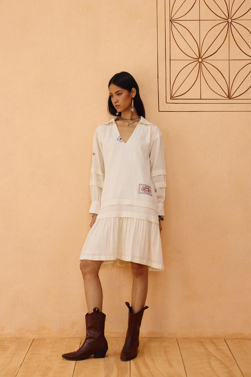 Flower Frame Handspun Handwoven Organic Cotton Dress organic cotton dress by SUI in off-white for women in Singapore