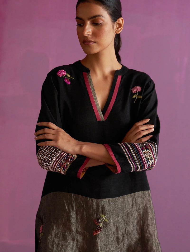 Cyra Hand-Embroidered Kurta Set - Black linen by Manan in black color for women in Singapore