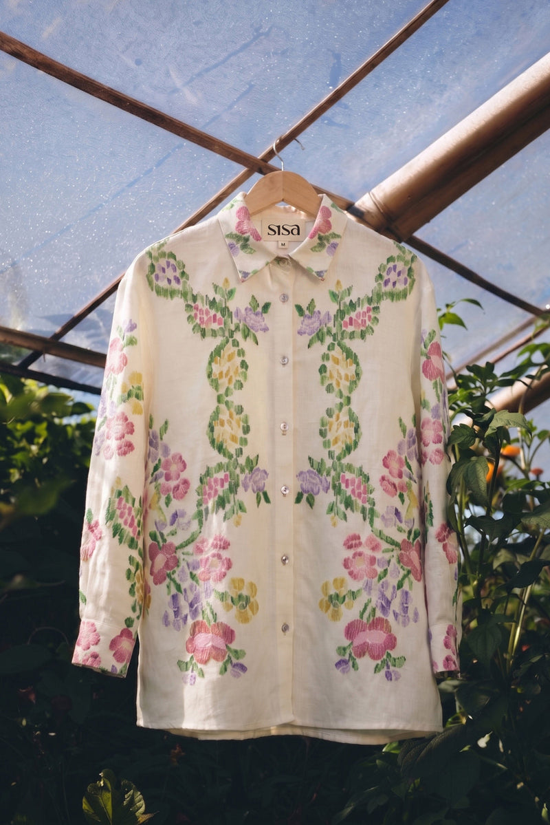 Ivory Floral Ikat Shirt linen top/shirt by World of SiSa in ivory for women in Singapore