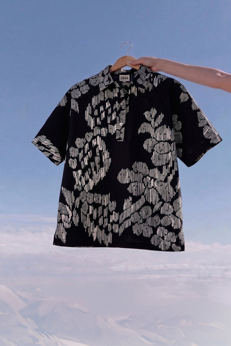Oversized Floral Ikat Shirt cotton top/shirt by World of SiSa in black for women in Singapore
