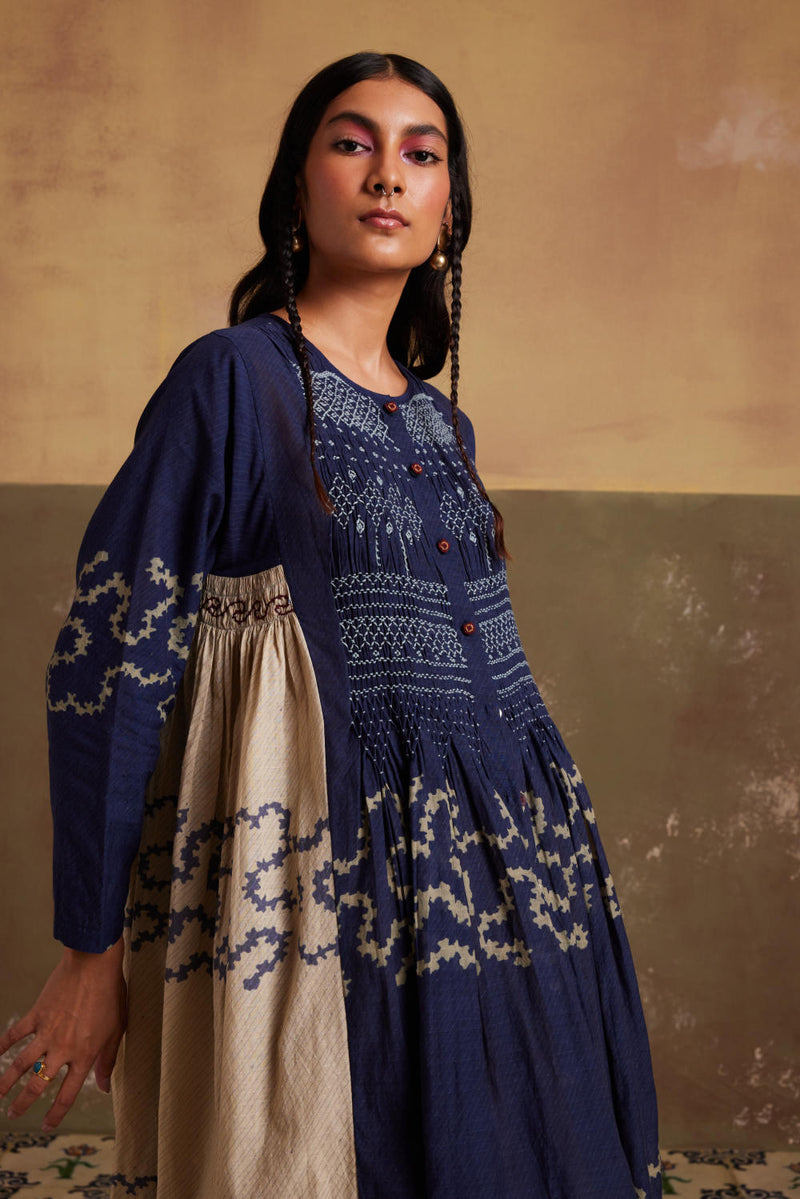 Frida Set (Dress + Skirt)-Indigo-Ivory Spiral cotton by CORD for women in Singapore