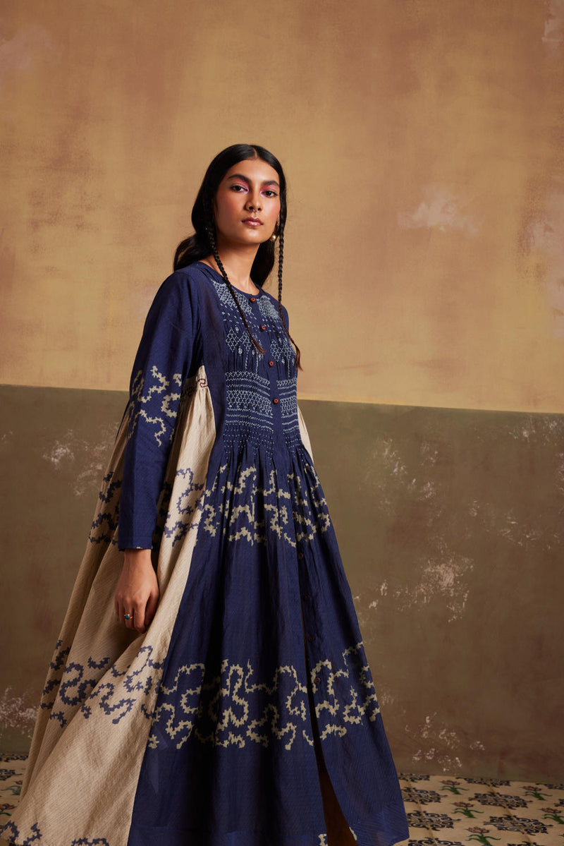 Frida Set (Dress + Skirt)-Indigo-Ivory Spiral cotton by CORD for women in Singapore