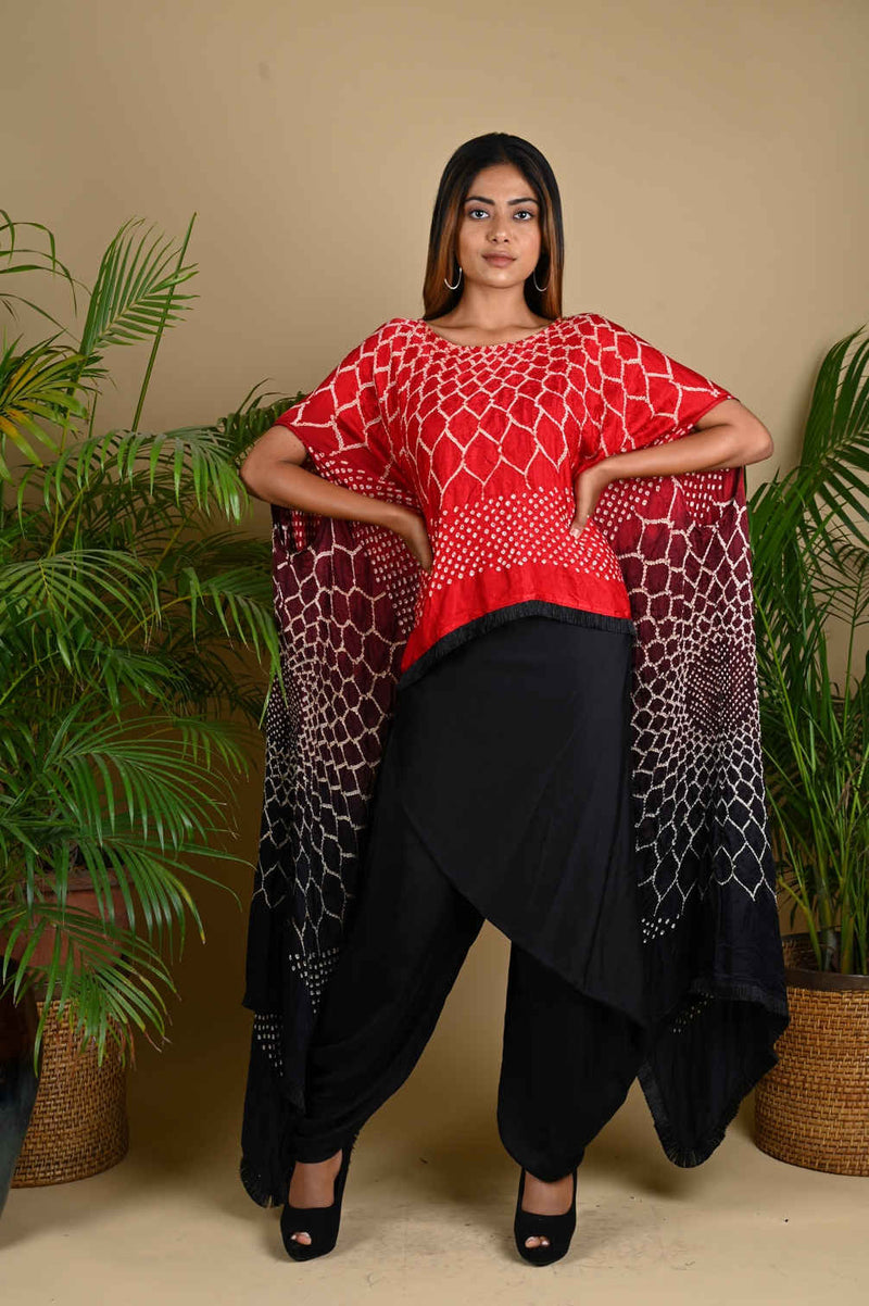 FRINGE CAPE-RED BLACK SHADED silk by Dyelogue in red color for women in Singapore