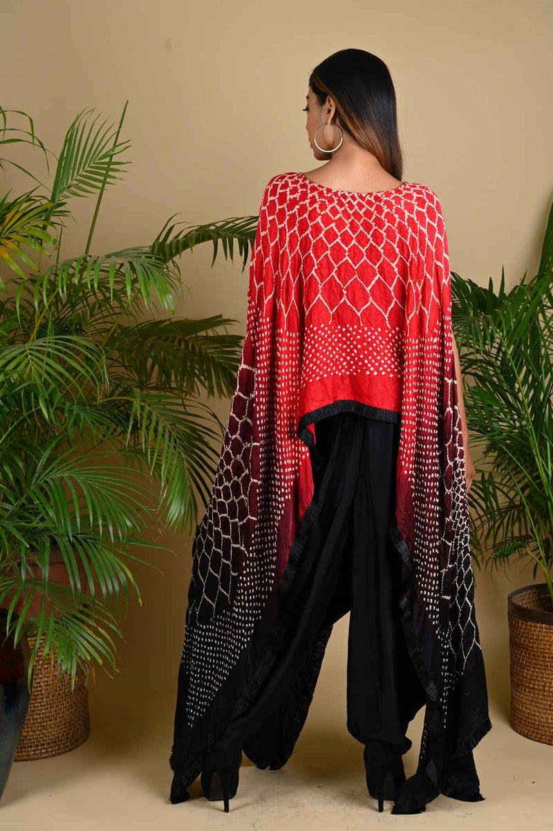 FRINGE CAPE-RED BLACK SHADED silk by Dyelogue in red color for women in Singapore