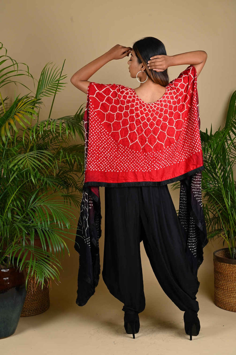 FRINGE CAPE-RED BLACK SHADED silk by Dyelogue in red color for women in Singapore