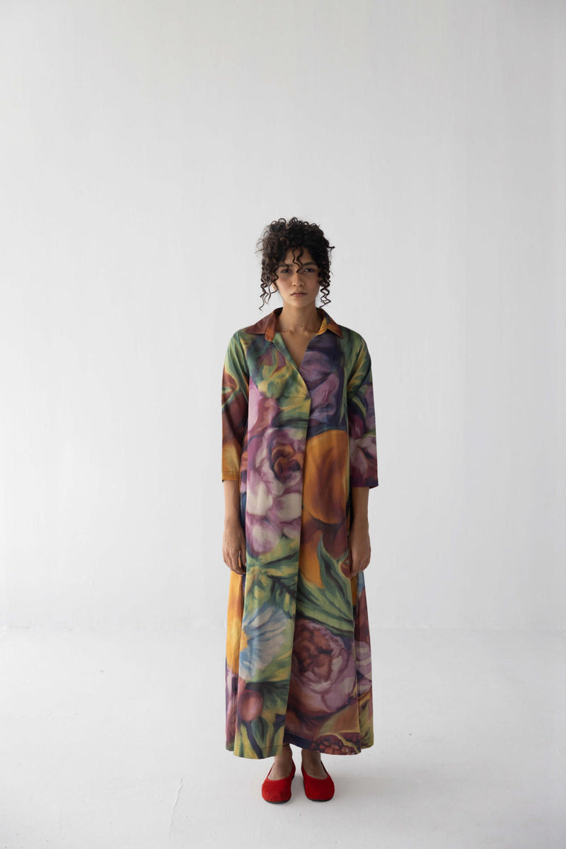 FRUIT FARM V-NECK COLLAR LONG DRESS satin by Yam in multi color for women in Singapore