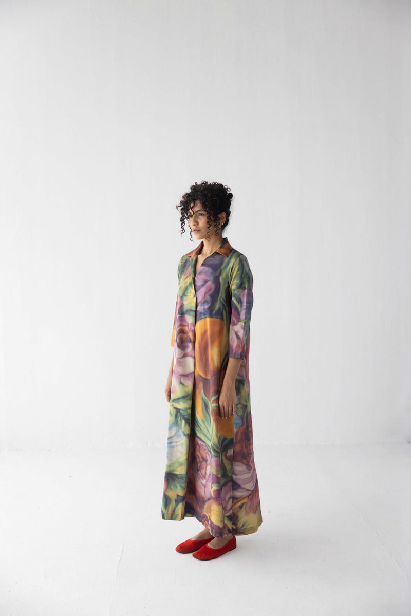 FRUIT FARM V-NECK COLLAR LONG DRESS satin by Yam in multi color for women in Singapore