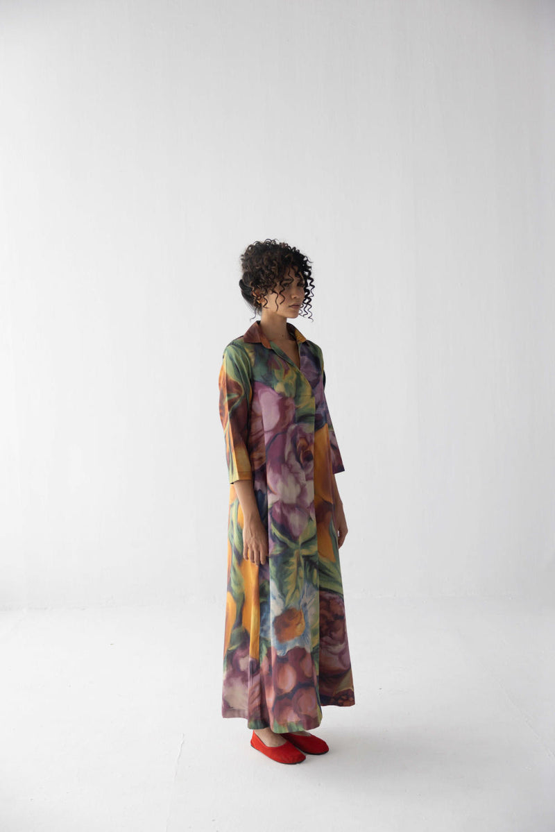 FRUIT FARM V-NECK COLLAR LONG DRESS satin by Yam in multi color for women in Singapore