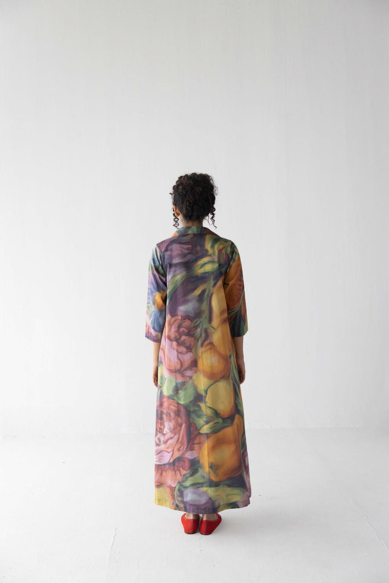 FRUIT FARM V-NECK COLLAR LONG DRESS satin by Yam in multi color for women in Singapore