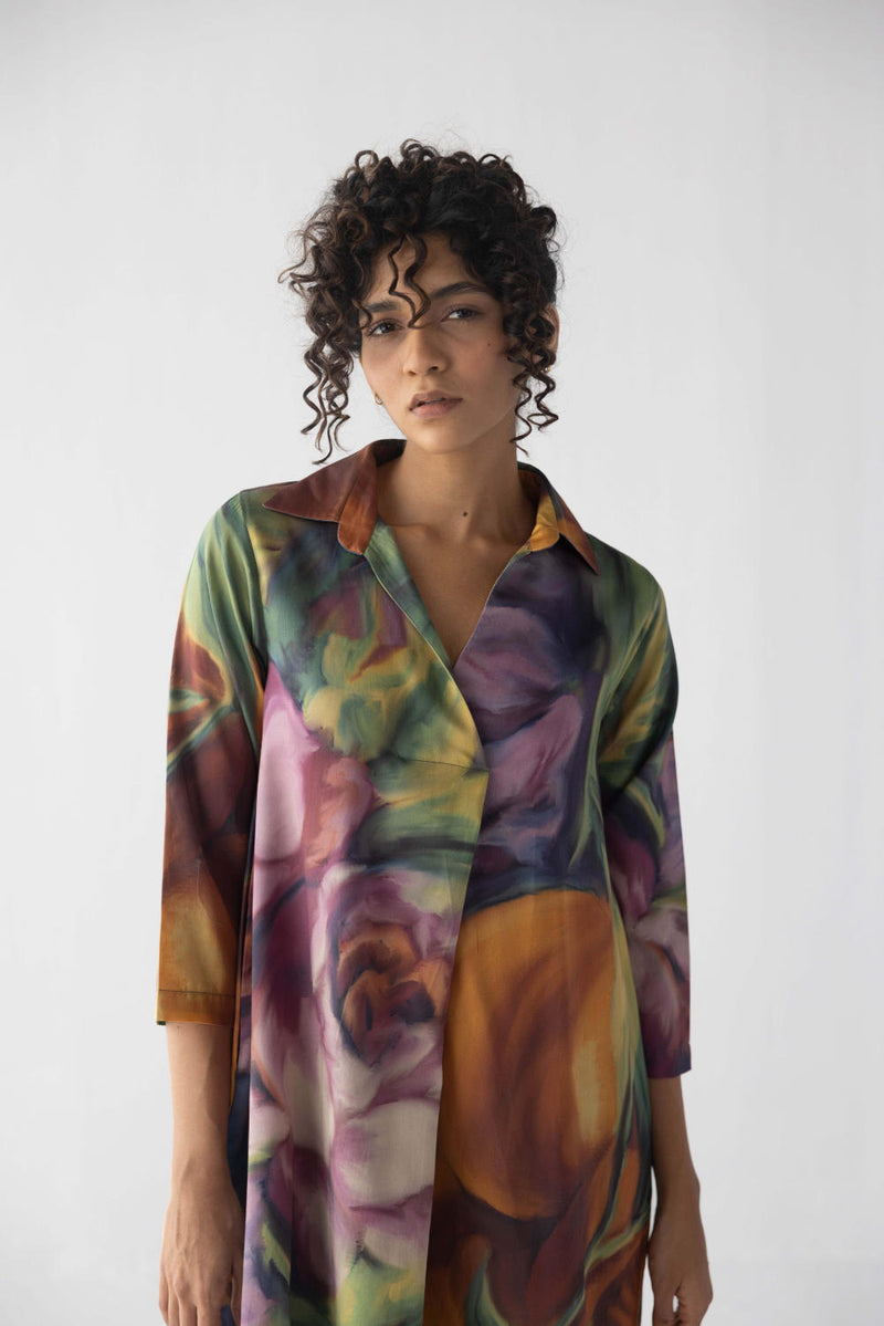 FRUIT FARM V-NECK COLLAR LONG DRESS satin by Yam in multi color for women in Singapore
