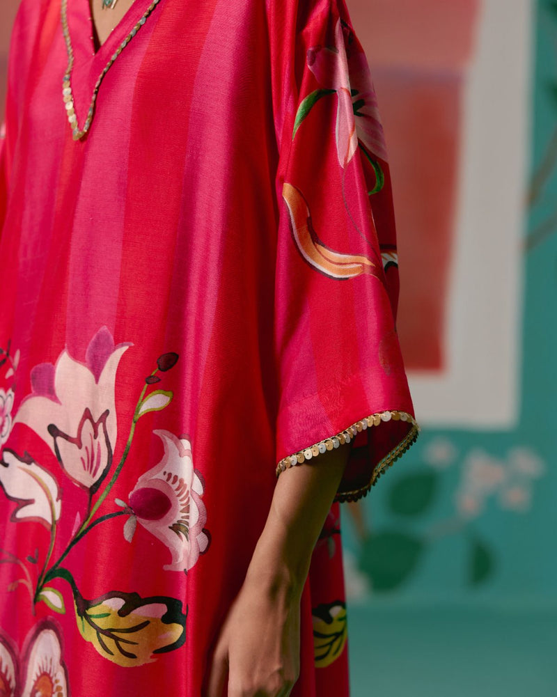 Fuschia Striped Floral Kaftan Set Buy Fuschia Striped Floral Kaftan Set from C&W | Co-Ord Sets for Women by Label Mogra for women in Singapore