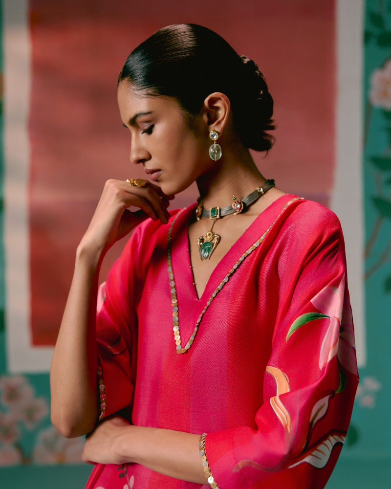 Fuschia Striped Floral Kaftan Set Buy Fuschia Striped Floral Kaftan Set from C&W | Co-Ord Sets for Women by Label Mogra for women in Singapore