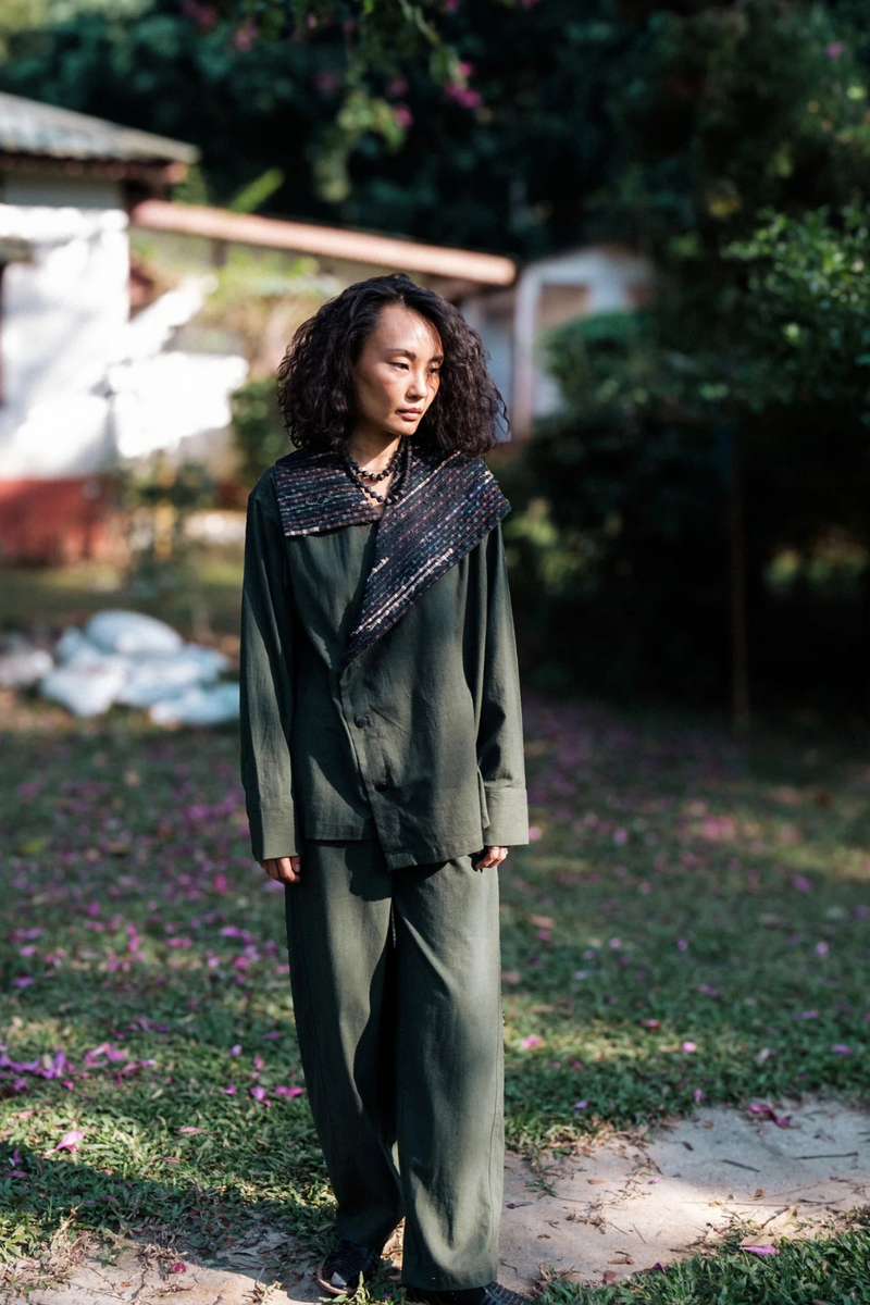 Upcycled Handwoven Barel Pants - Green cotton by The Terra Tribe in green color for women in Singapore