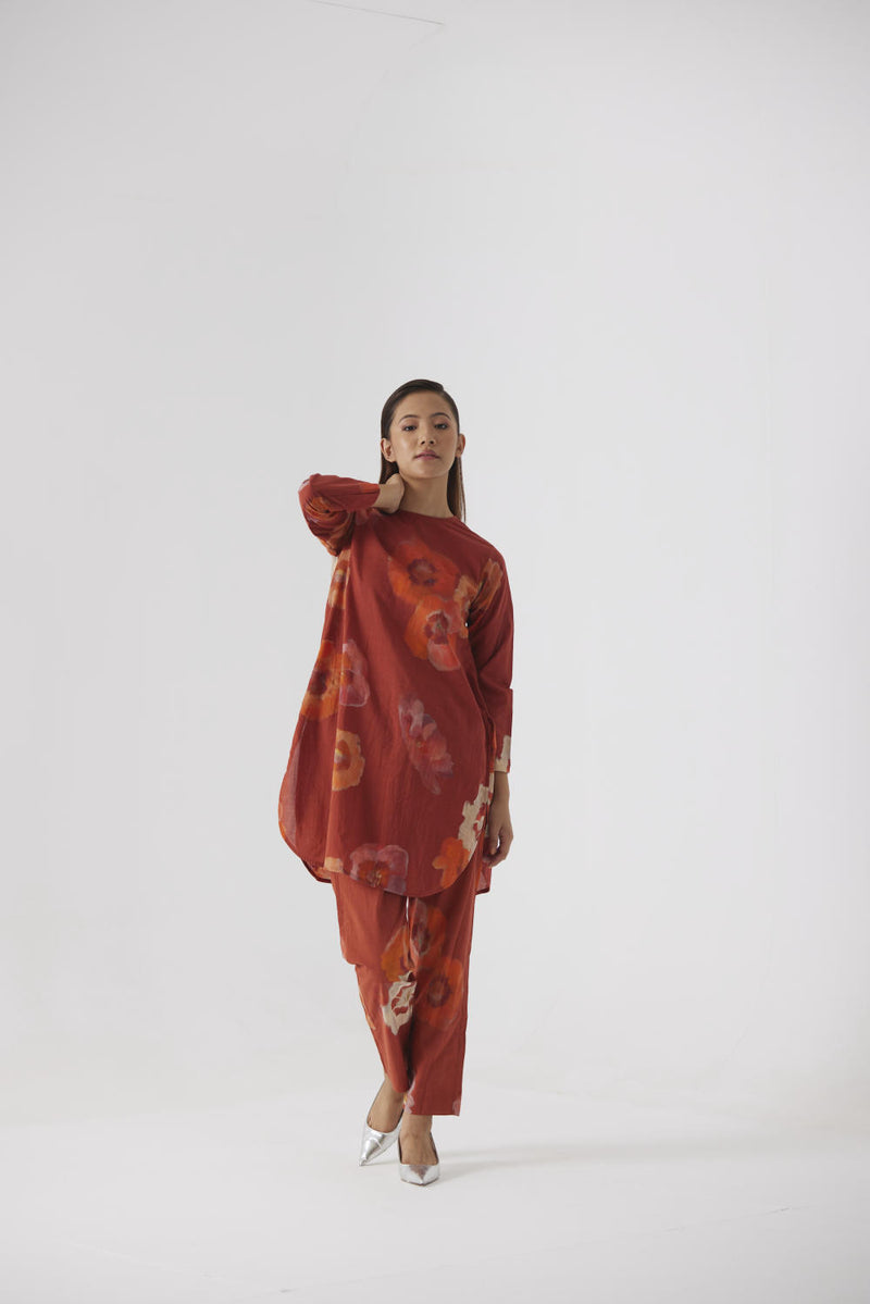 GARDENIA RED SHORT KURTA SET cotton by Yam in red color for women in Singapore