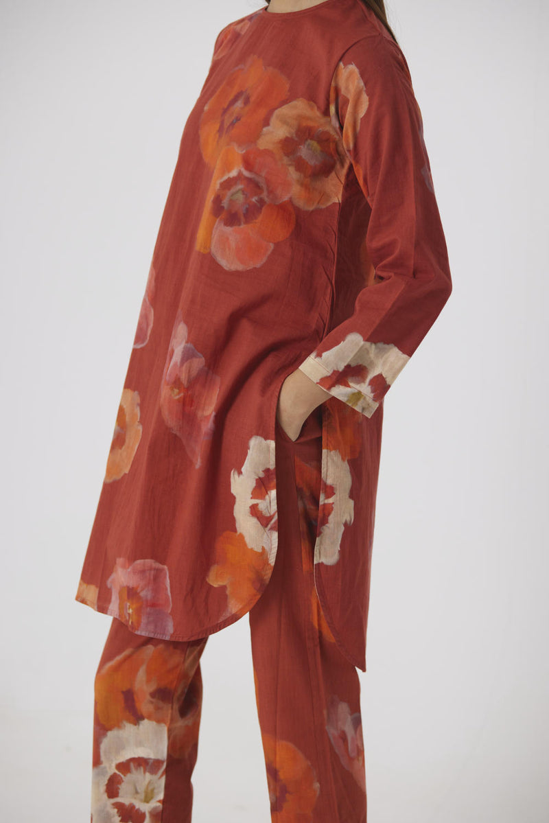 GARDENIA RED SHORT KURTA SET cotton by Yam in red color for women in Singapore