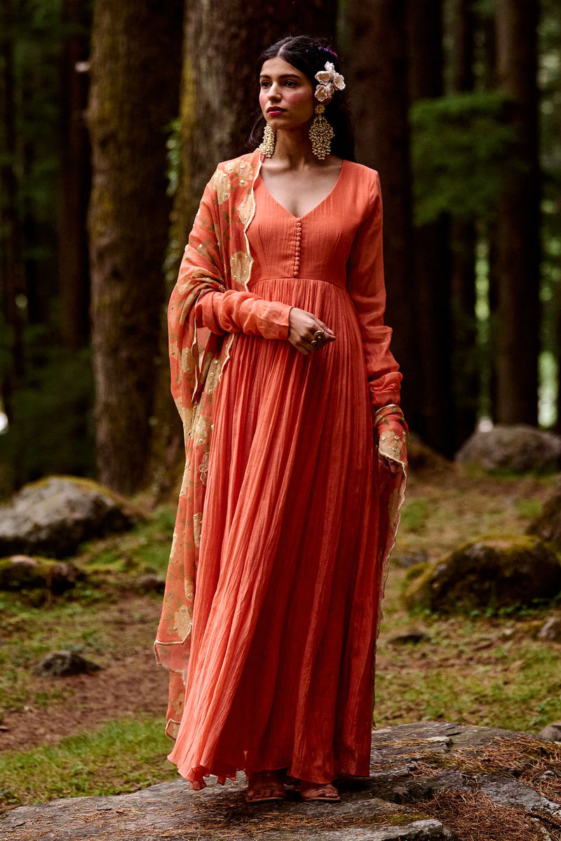 Gisele Anarkali Set chanderi by Paulmi & Harsh-kahan Sep'26 in orange for women in Singapore