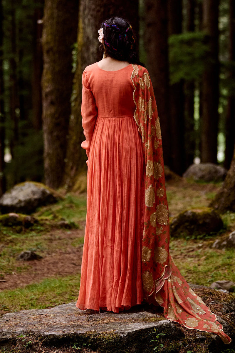 Gisele Anarkali Set chanderi by Paulmi & Harsh-kahan Sep'26 in orange for women in Singapore