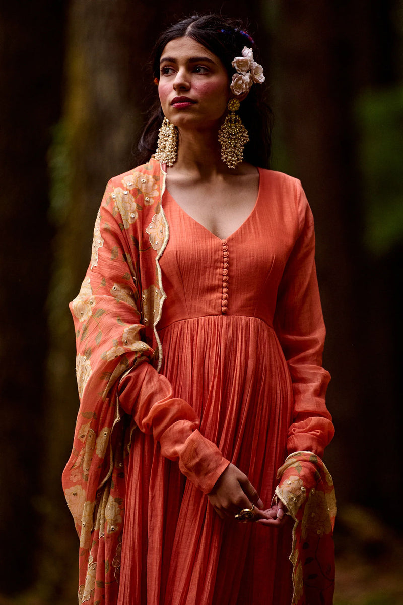 Gisele Anarkali Set chanderi by Paulmi & Harsh-kahan Sep'26 in orange for women in Singapore