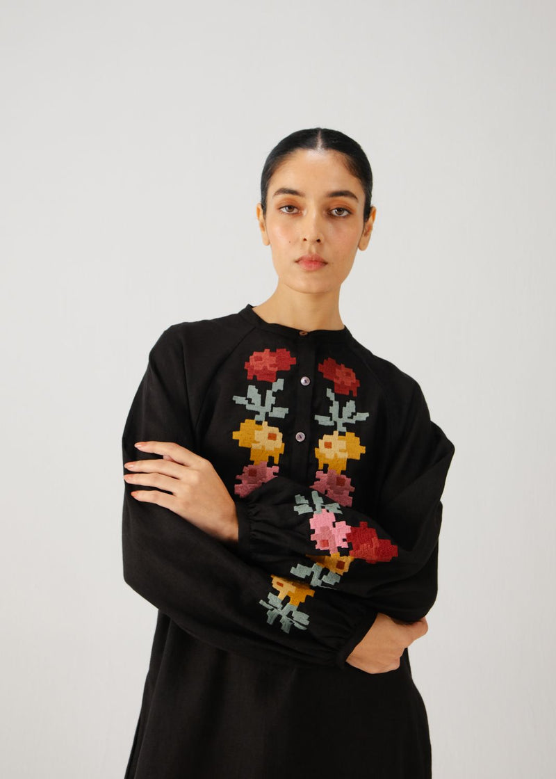 Goa dress-Black pixel emb. linen by CORD for women in Singapore