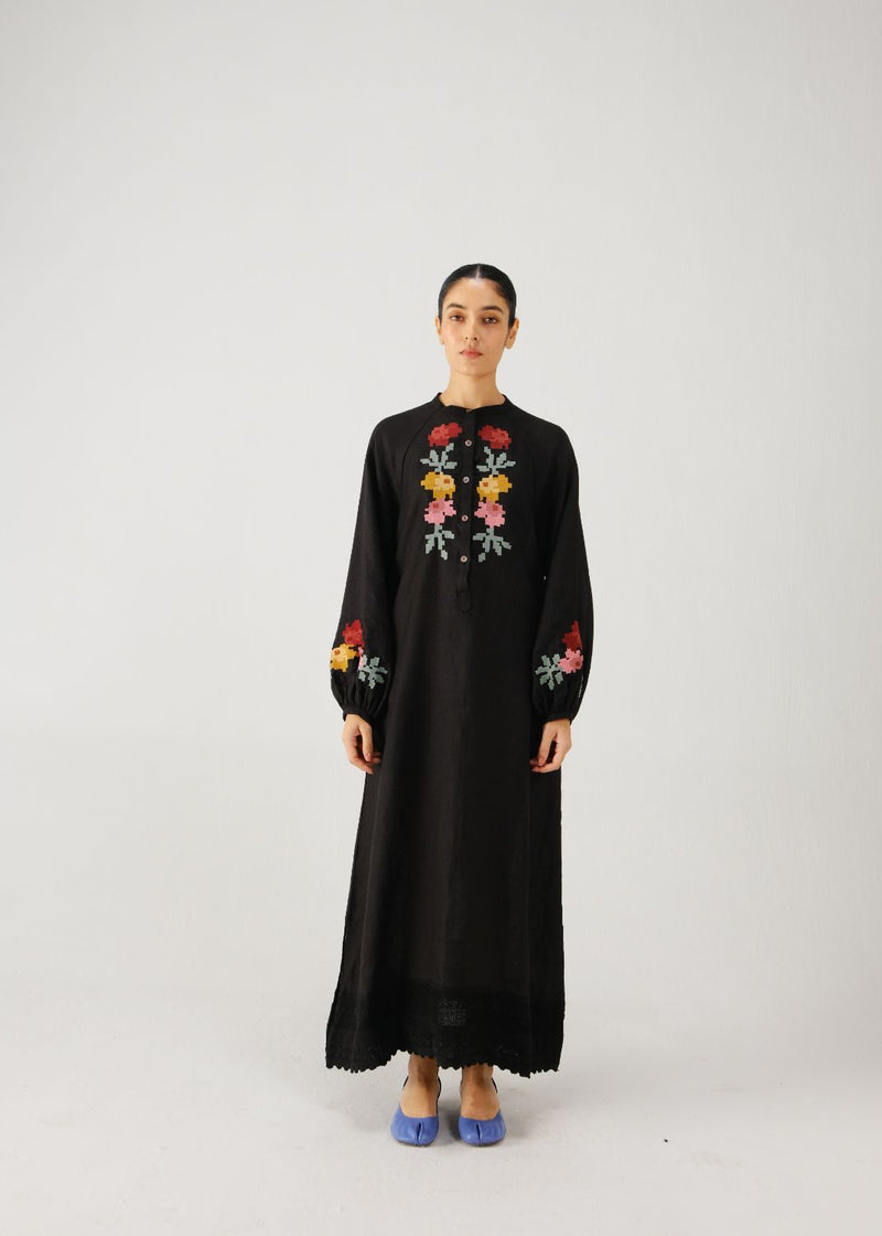 Goa dress-Black pixel emb. linen by CORD for women in Singapore