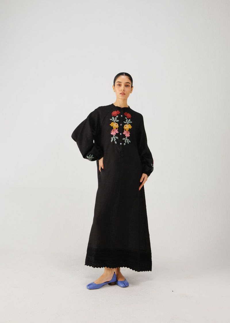 Goa dress-Black pixel emb. linen by CORD for women in Singapore