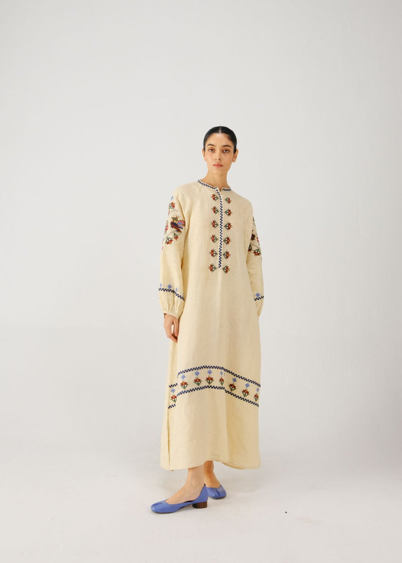 Goa dress-Ivory folk emb. linen by CORD for women in Singapore