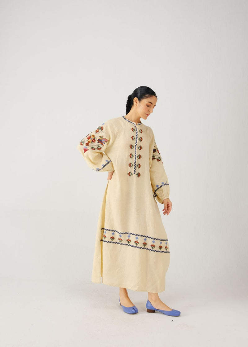 Goa dress-Ivory folk emb. linen by CORD for women in Singapore