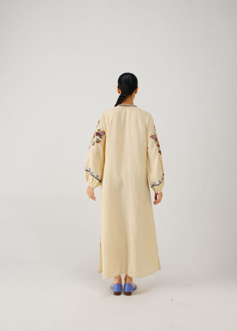 Goa dress-Ivory folk emb. linen by CORD for women in Singapore
