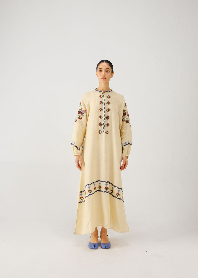 Goa dress-Ivory folk emb. linen by CORD for women in Singapore