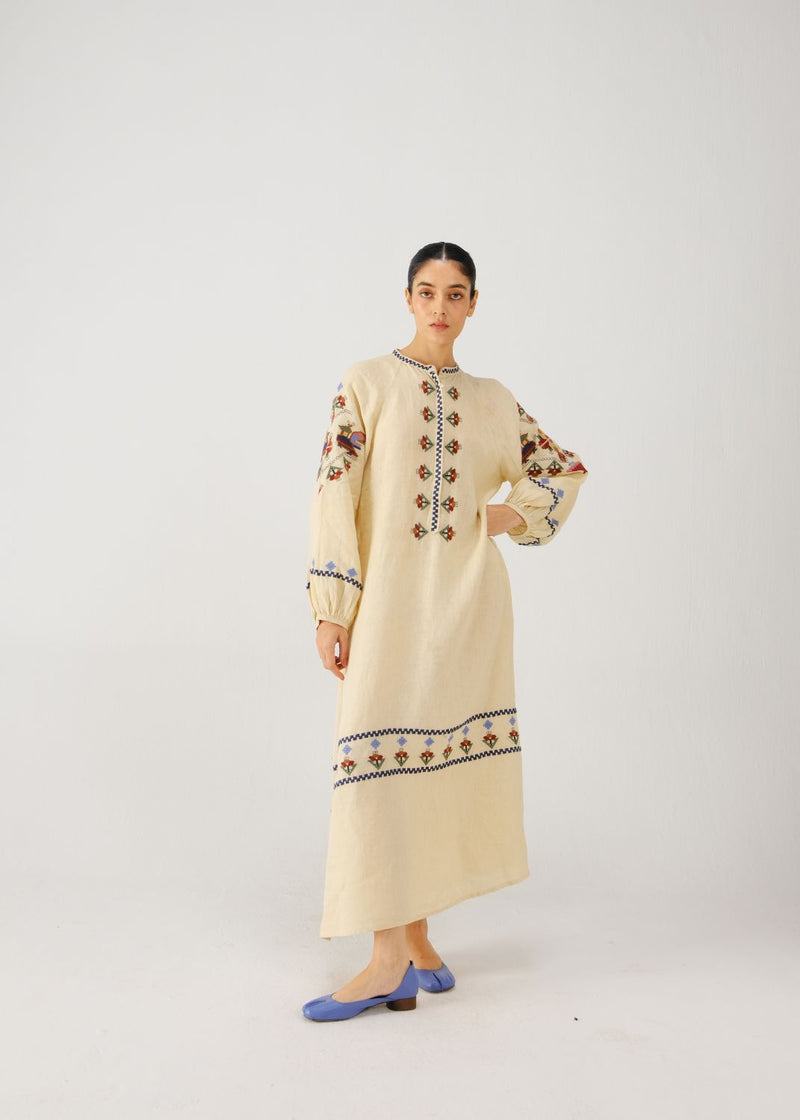 Goa dress-Ivory folk emb. linen by CORD for women in Singapore