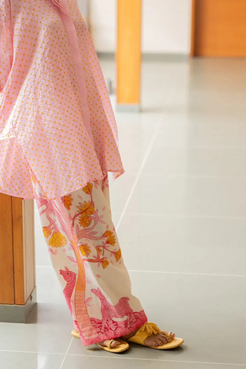 GOND PANTS-PINK cotton by Dyelogue in pink color for women in Singapore