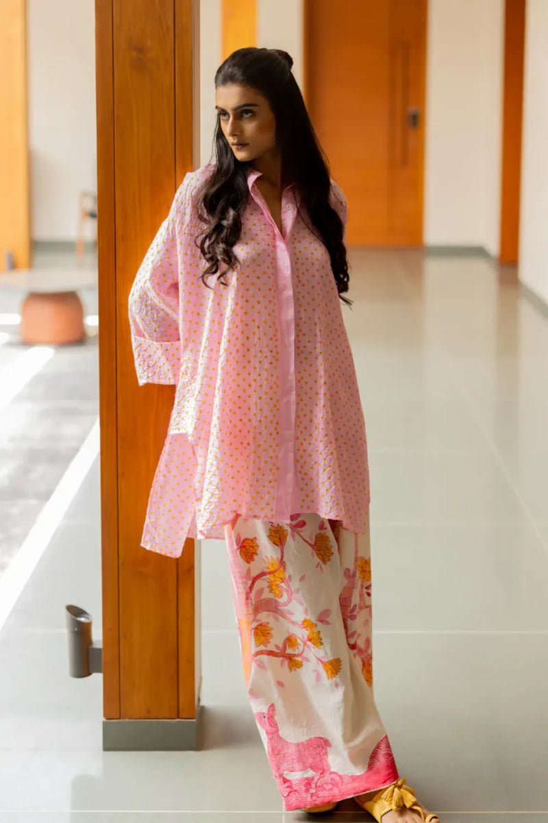 GOND PANTS-PINK cotton by Dyelogue in pink color for women in Singapore