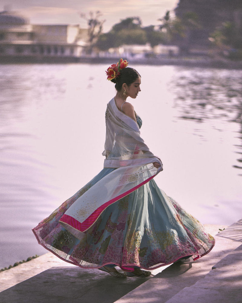 GUL ICE BLUE FLORAL ORGANZA LAHENGA SET organza by Rajiramniq for women in Singapore