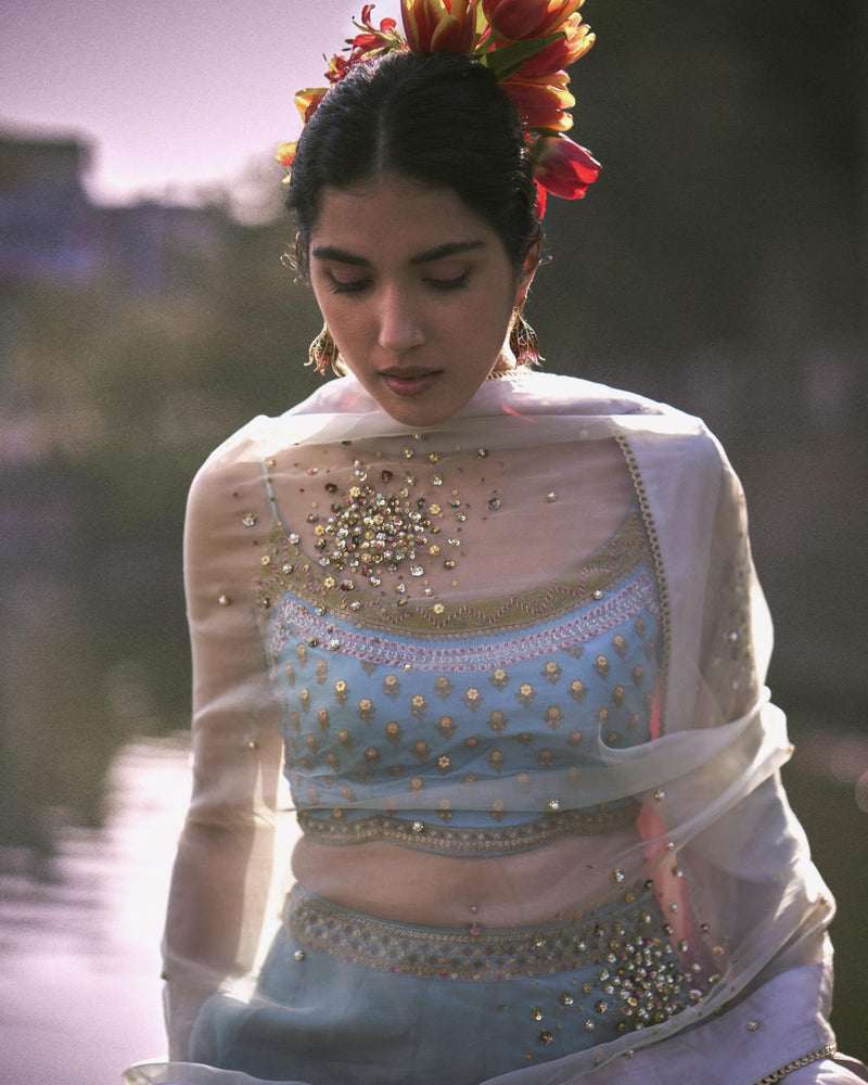GUL ICE BLUE FLORAL ORGANZA LAHENGA SET organza by Rajiramniq for women in Singapore