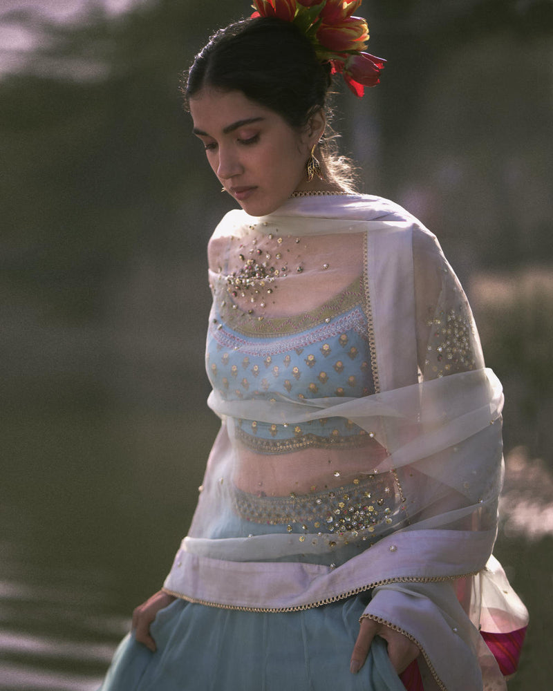 GUL ICE BLUE FLORAL ORGANZA LAHENGA SET organza by Rajiramniq for women in Singapore