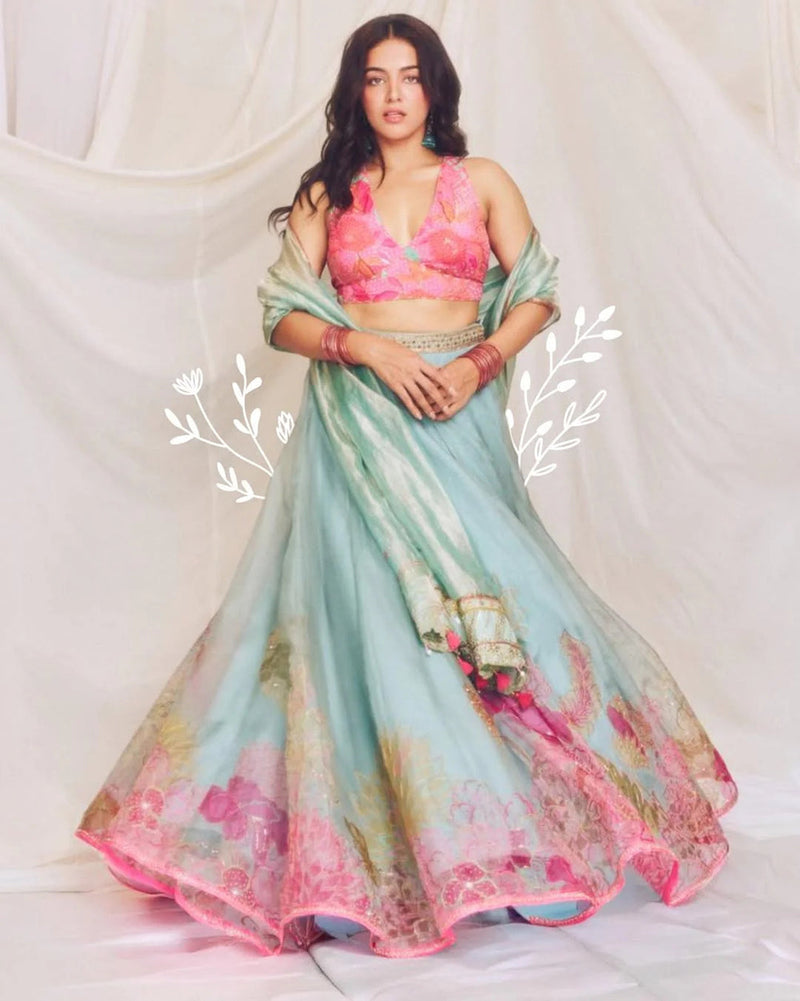 Wamiqa Gabbi Ice Blue Floral Organza Lehenga Set organza , crepe, tissue organza by Rajiramniq in ice blue for women in Singapore