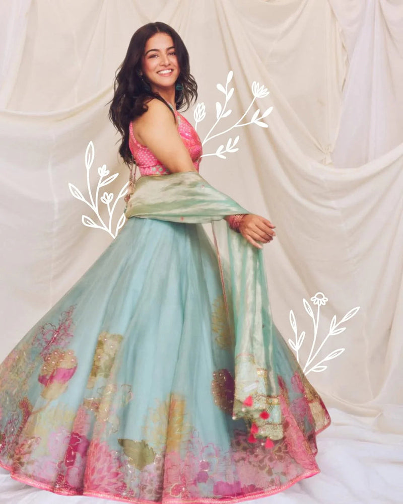 Wamiqa Gabbi Ice Blue Floral Organza Lehenga Set organza , crepe, tissue organza by Rajiramniq in ice blue for women in Singapore