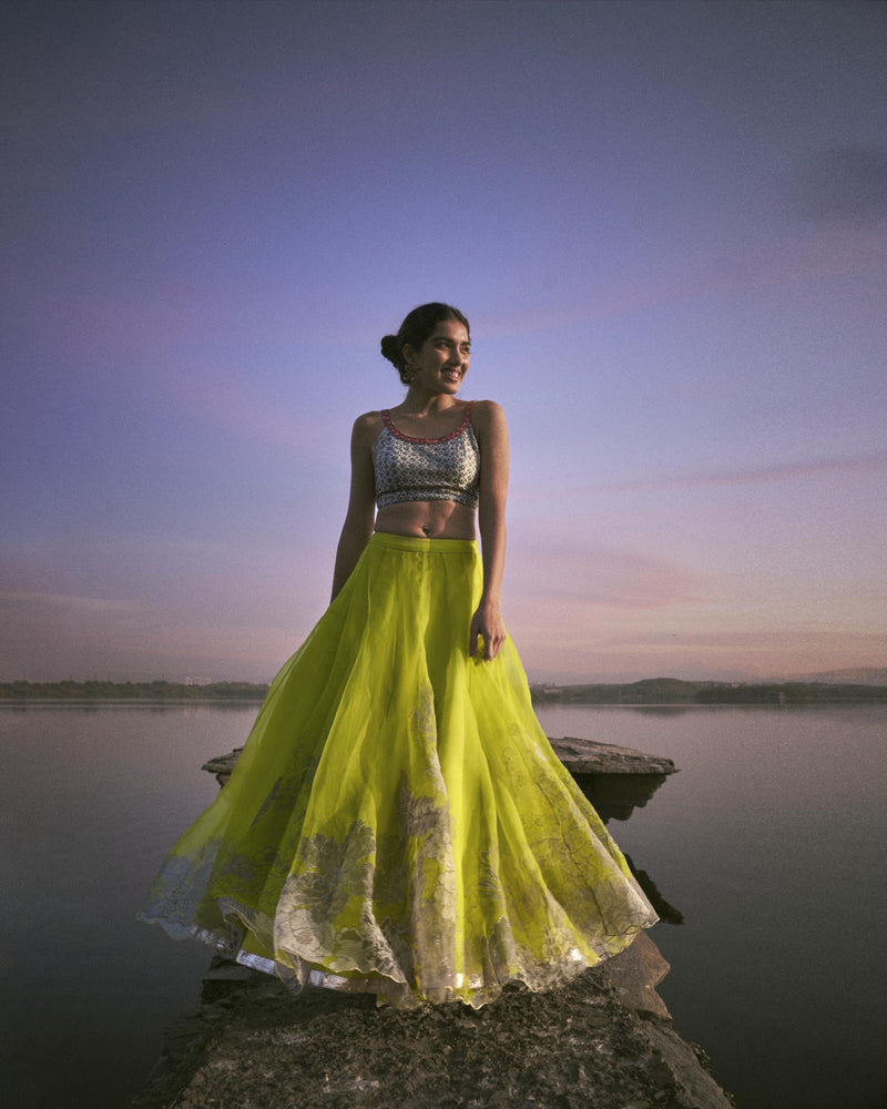 GUL BRIGHT GREEN FLORAL LAHENGA SET organza by Rajiramniq for women in Singapore