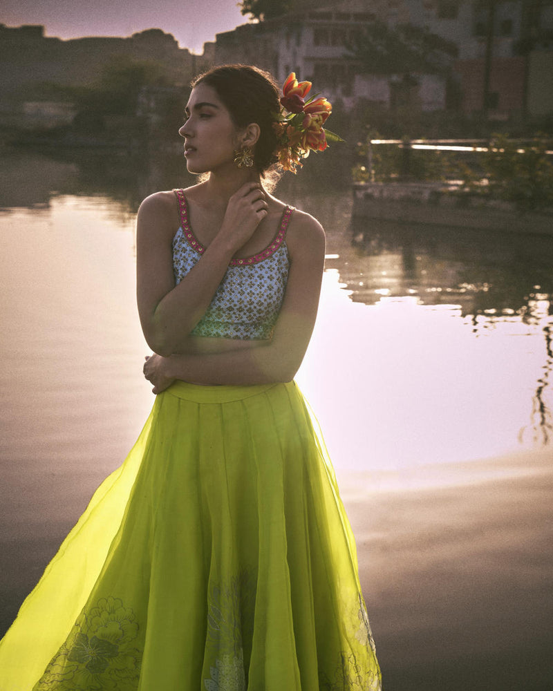 GUL BRIGHT GREEN FLORAL LAHENGA SET organza by Rajiramniq for women in Singapore