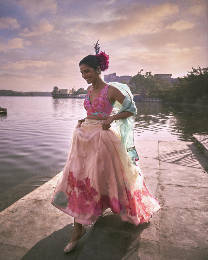 GUL NUDE PINK FLORAL LAHENGA SET organza by Rajiramniq for women in Singapore