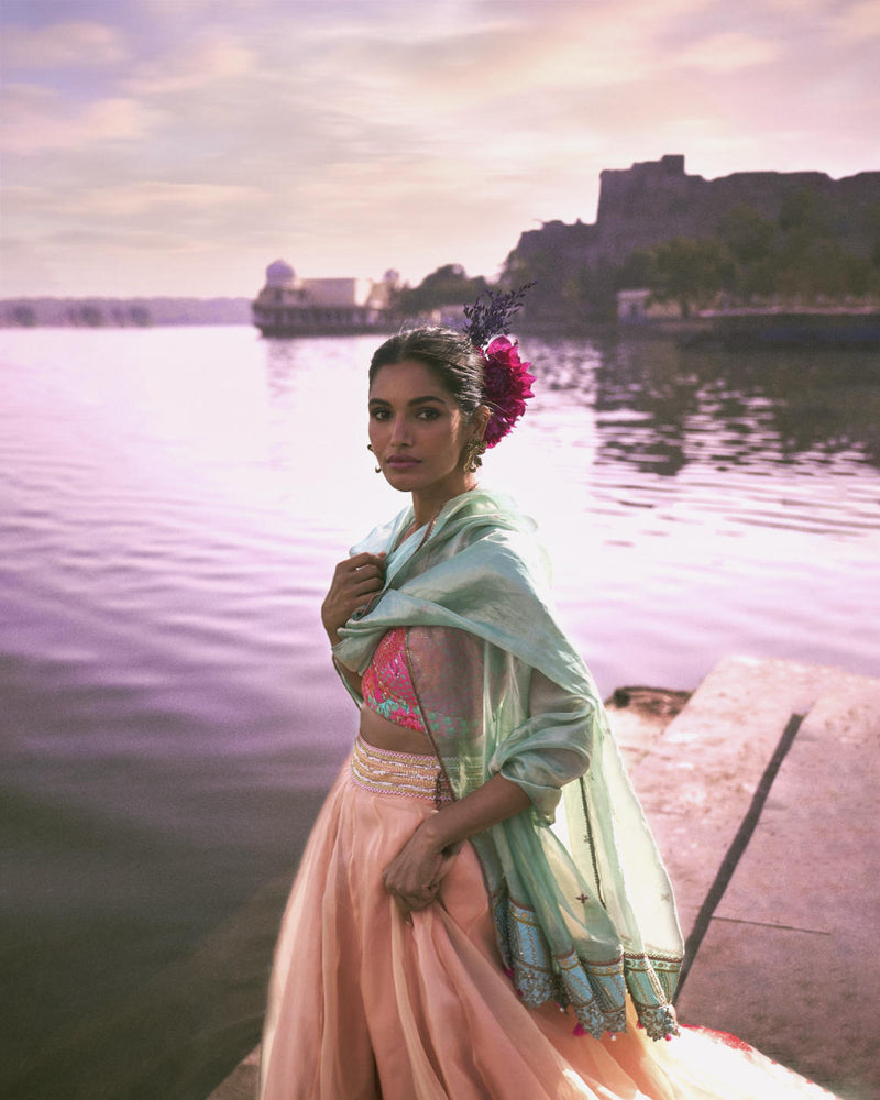 GUL NUDE PINK FLORAL LAHENGA SET organza by Rajiramniq for women in Singapore