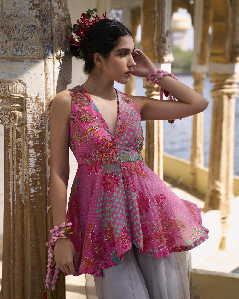 GUL PINK PEPLUM SHARARA SET by Rajiramniq for women in Singapore