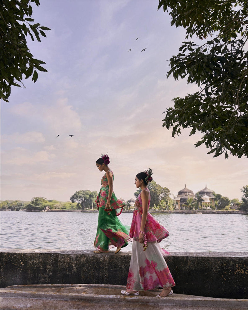 GUL PINK PEPLUM SHARARA SET by Rajiramniq for women in Singapore